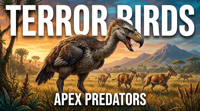 Terror bird hunting in savanna